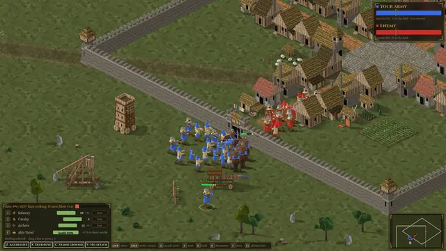 The ram and the blue infantry attacking the gate of a walled town