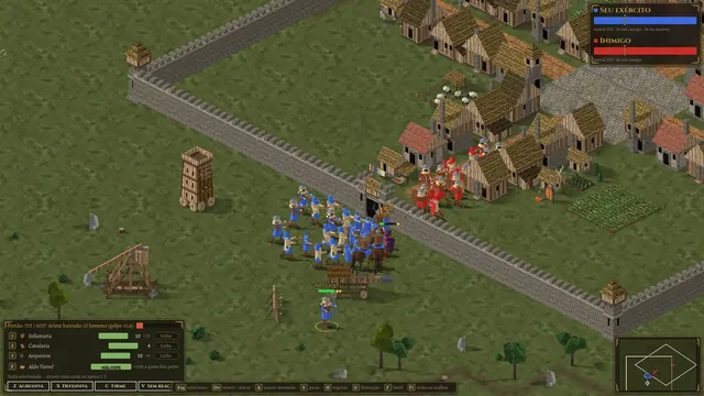 O aríete e a infantaria azul atacando o portão de uma vila murada