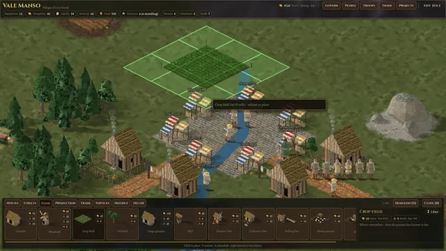 The village by the river, with a field being dragged out and the build palette