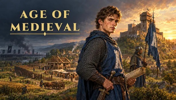 Age of Medieval art: the young lord before the village and the castle