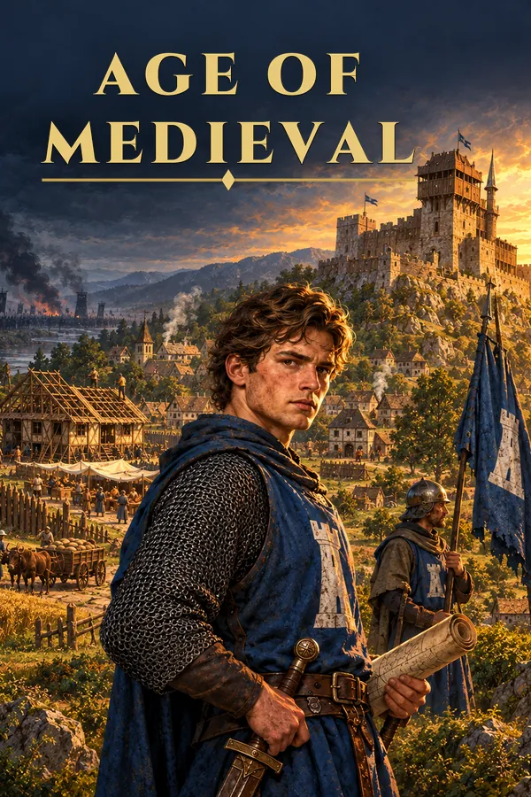 Capsule vertical do Age of Medieval: o letreiro dourado sobre o jovem senhor, a vila e o castelo